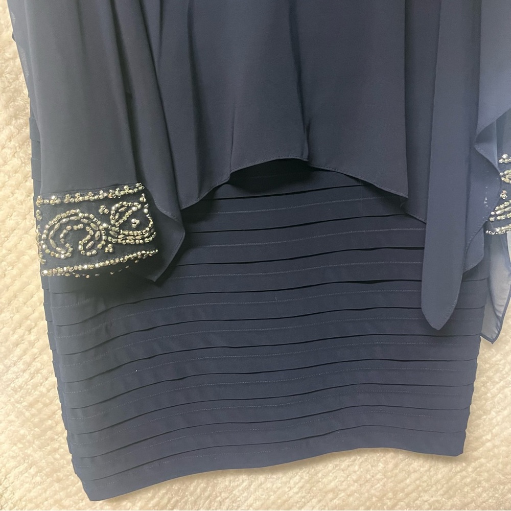 Betsy & Adam Navy Blue Cold Shoulder Popover Dress Embellished Cuffs Size 10 - Picture 6 of 12